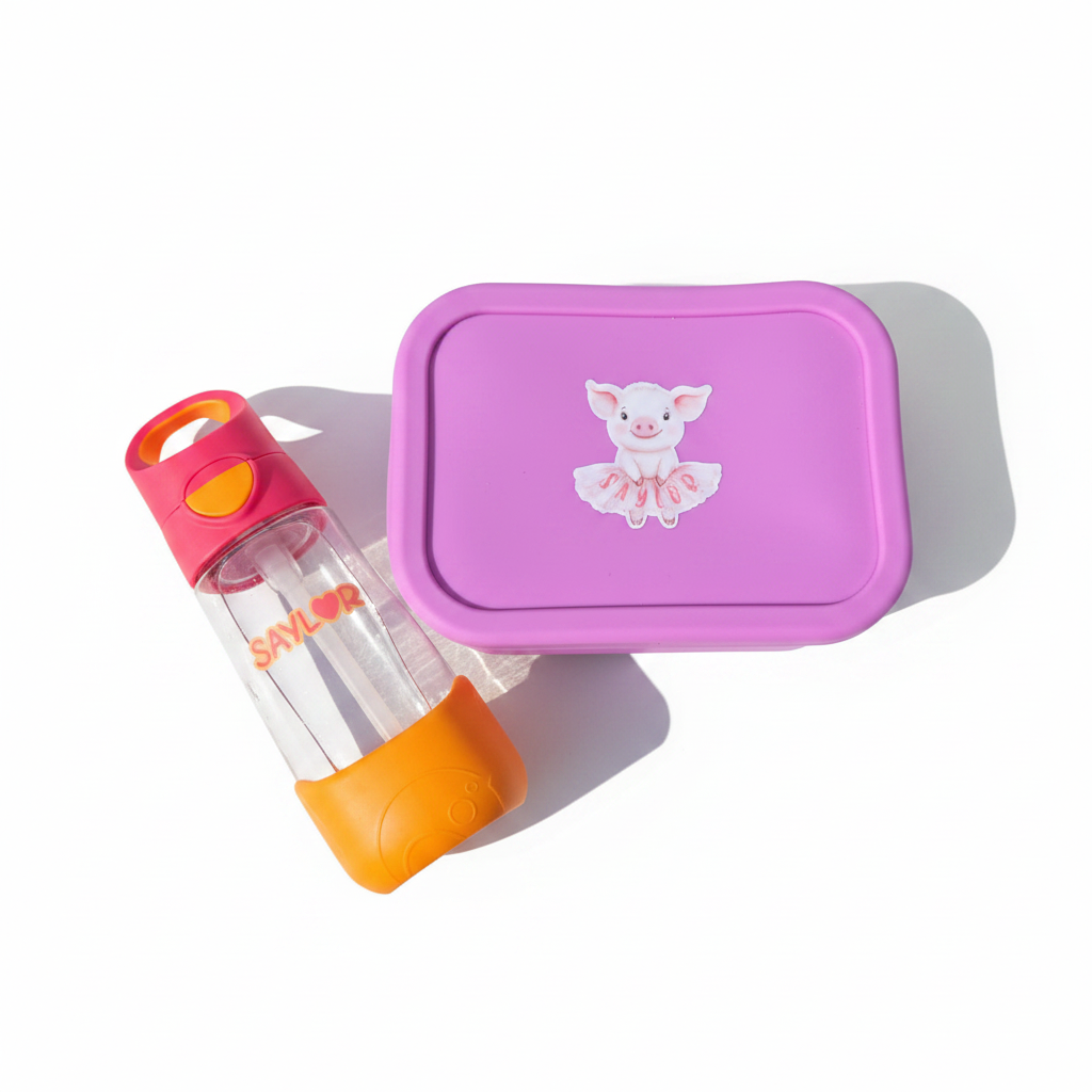 Kids personalised water bottle and lunch box sticker set on white background