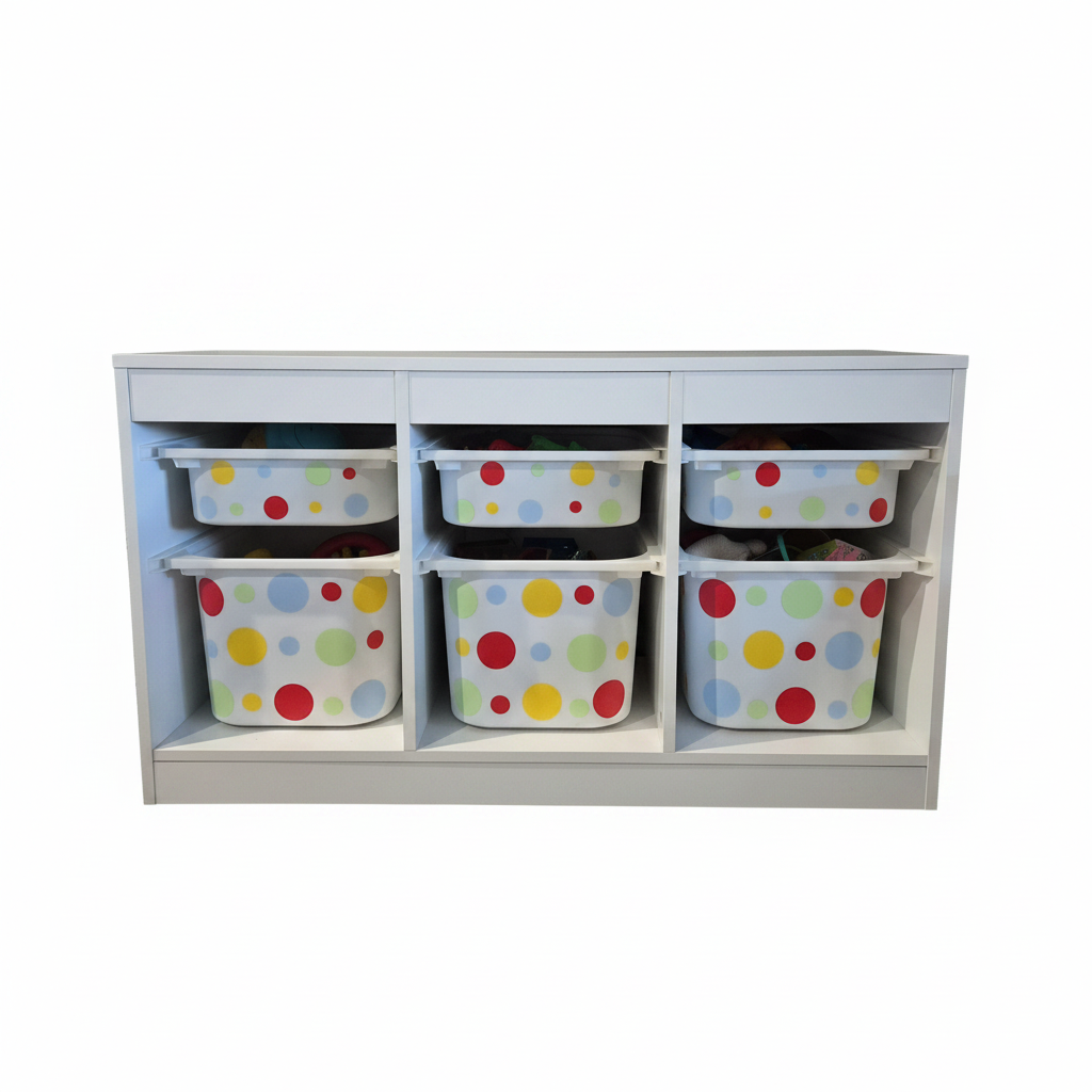 Kids toy storage unit with colourful polka dot bins on white background
